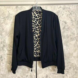 Stella & Dot Reversible Bomber Jacket; Black/Animal Print